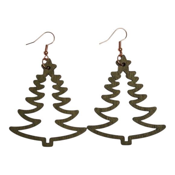 Green Wood Christmas Tree Earrings - Picture 5 of 8